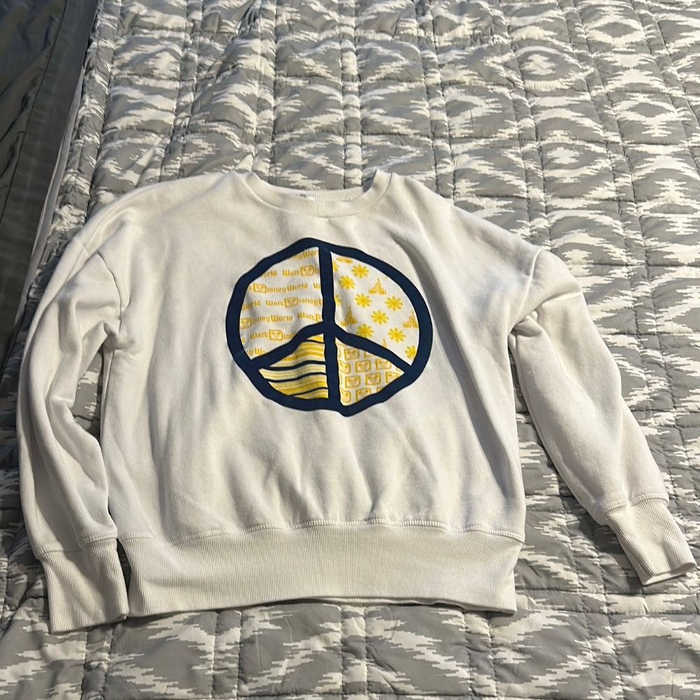 Disney White and Yellow Crew Neck Sweater with Peace Symbol